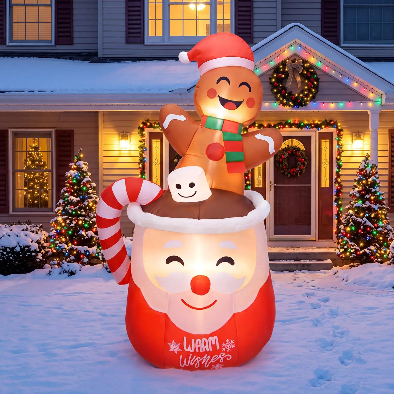 6 Ft Christmas Gingerbread Inflatable With LEDs, Blow Up Hot Cocoa Mug, Yard Decoration, Warm Wishes Sign For Lawn Garden Patio Decor 1