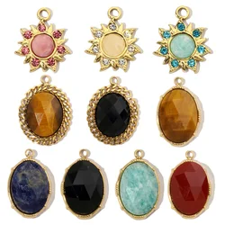 3pcs/Lot French Sun Flower Natural Stone Stainless Steel Diy Charms Women Oval Amazon Necklace Pendant Tiger Eye Jewelry