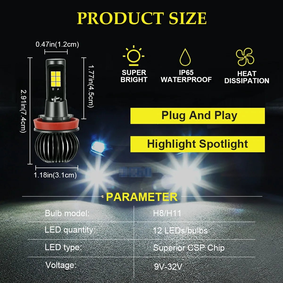 H8/H11 Fog Light Bulb LED Amber+White Dual Color for Trucks Cars Lamps DRL Lights Kit Bulbs 9-32V 30W 3000LM ,H11