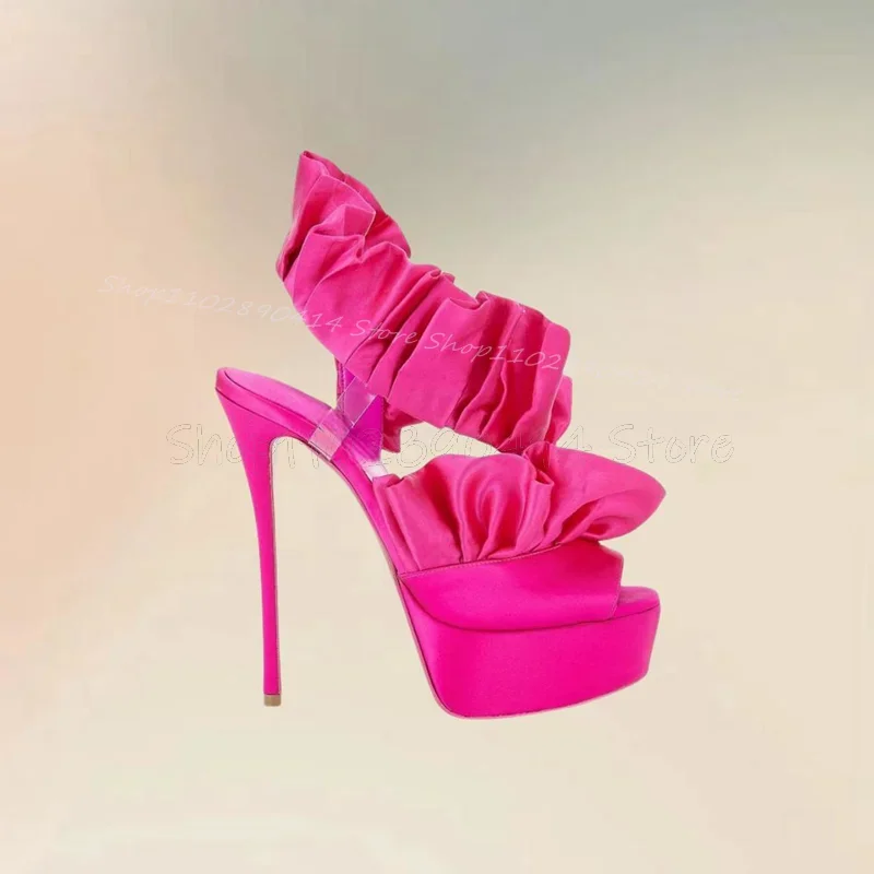 

Rose Red Pleated Ruffles Design Platform Sandals Slip On Women Shoes Thin High Heels Party Feast Runway 2025 Zapatos Para Mujere