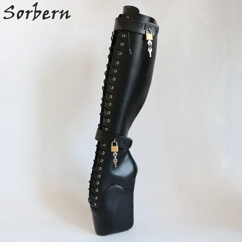 Sorbern Fetish Knee High Boots Women With 4 Locks Ballet Wedge Heelless Pinup Platform No Heel Booty Fetish Bdsm Shoes Size 45