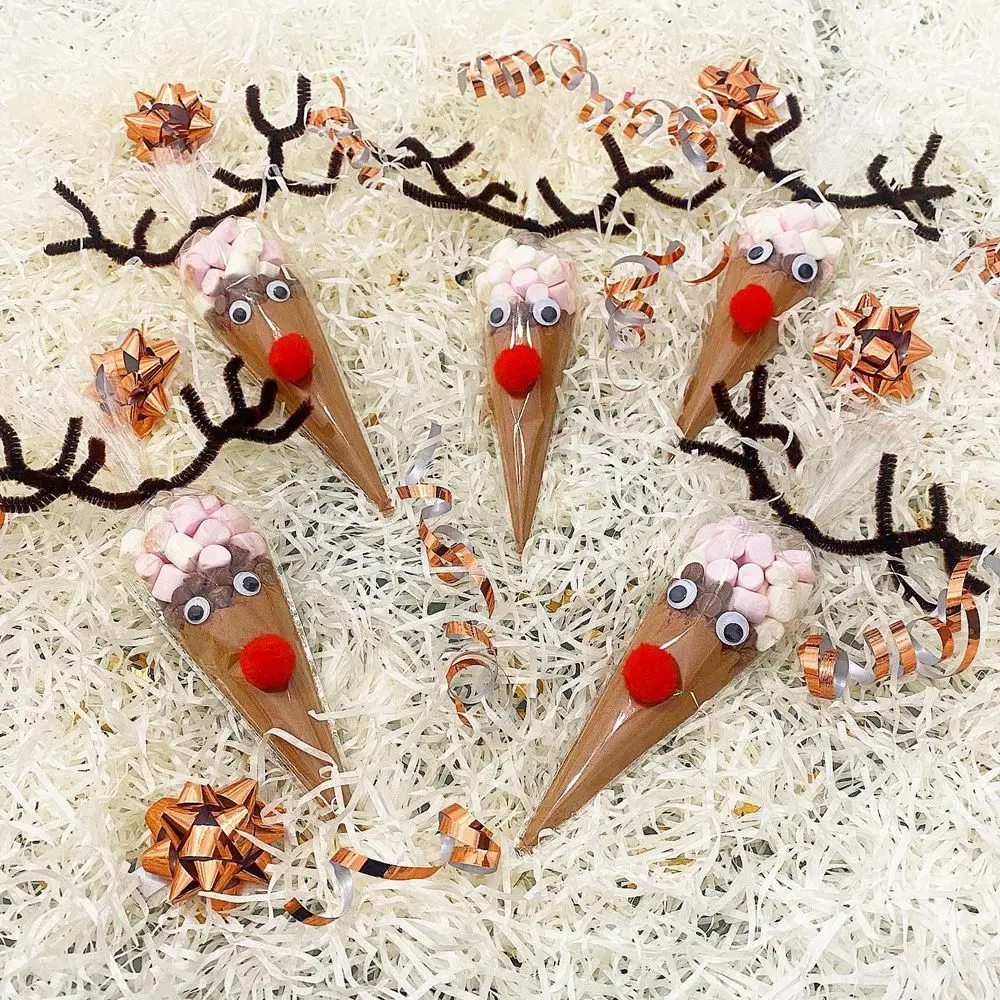 50pcs Christmas Sweet Cones Bags DIY Reindeer Plastic Candy Bag for Christmas Candy Wrapping Supplies Noel Kids DIY Gifts