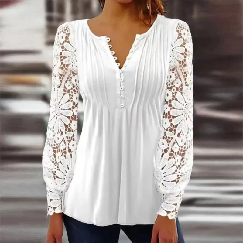 

Elegant Women's Spring And Autumn Lace Lace Sleeve Pleated White Button V-Neck Slim Fit Blouse Fashion Long Sleeve Printed Top