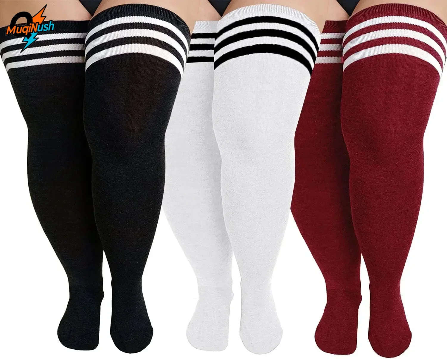 MuqiNush 1 Paar Oberschenkelstrümpfe in Übergröße, extra große Streifen über dem Knie, hohe Strümpfe für Frauen, bunt, Cosplay, Elastizität