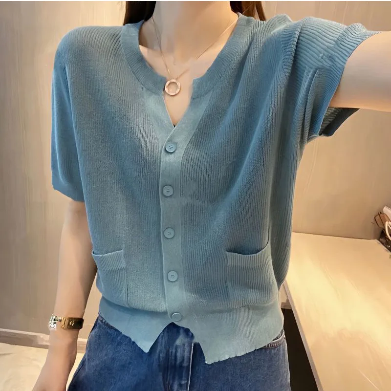 2024 New Summer Sexy Oversized High Waist Retro Office Lady Women\'s Shirt Korean Style High Waist V Neck Short Sleeve Chic Tops