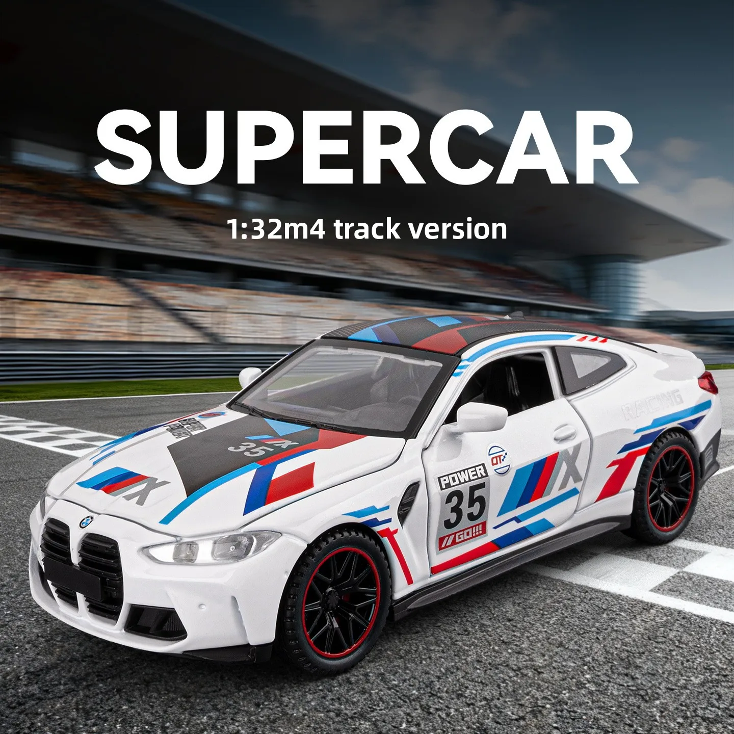 

1:32 M4 модель спортивного автомобиля из сплава, литая под давлением металлическая игрушка, модель гоночного автомобиля, имитация звука и света, подарок для детей