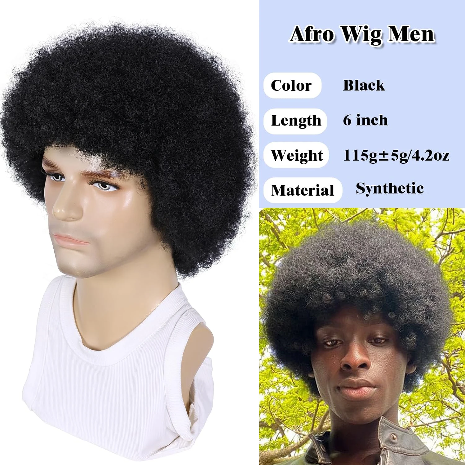 Afro Wig Men 70s Rock Disco Costume for Mens or Women Short Kinky Curly Heat Resistant Synthetic Wigs for Party