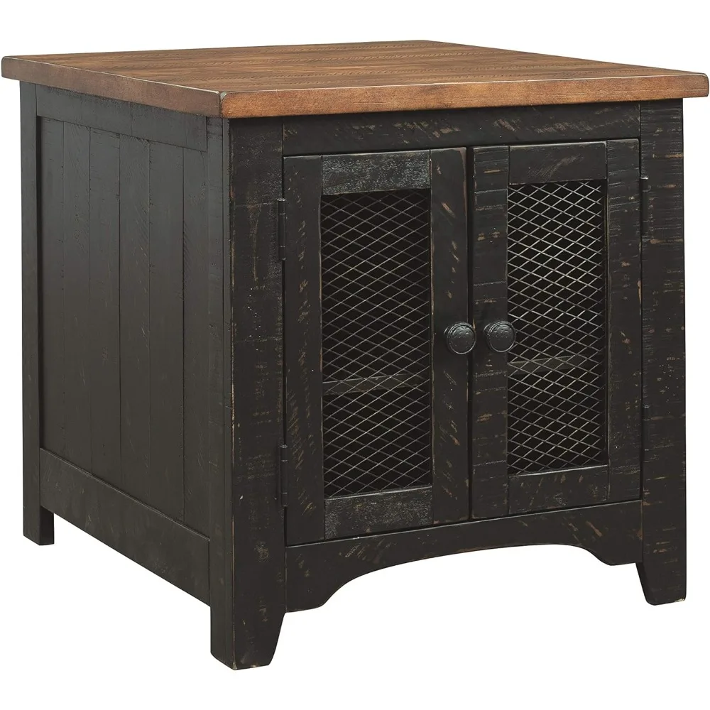 Valebeck Farmhouse Rectangular End Table with Storage, Distressed Brown & Black Finish