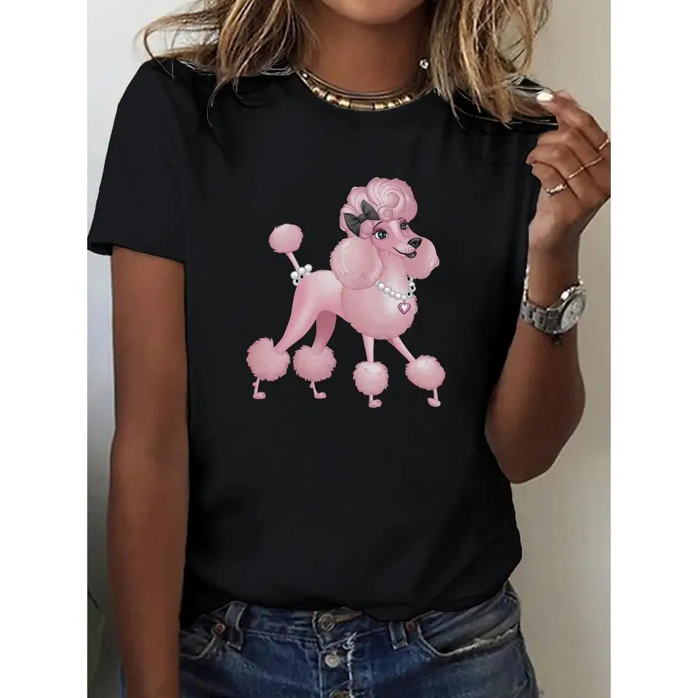

Plus SizeWomen's Elegant Poodle Pearls Graphic T-Shirt - Black with Pink Poodle & Pearl Details,Comfortable Fit,Machine Washable