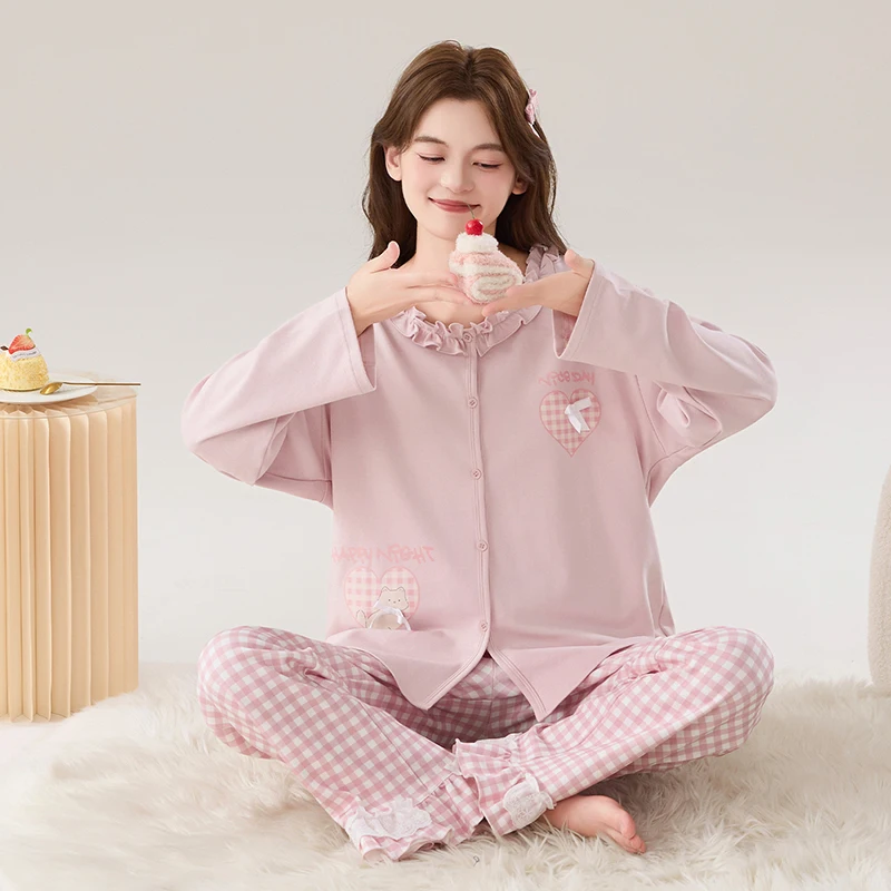 

High Quality Big Size M-4XL Spring and Autumn Women Knited Cotton Pyjamas Female Long Sleeve Cute Cartoon Sleepwear