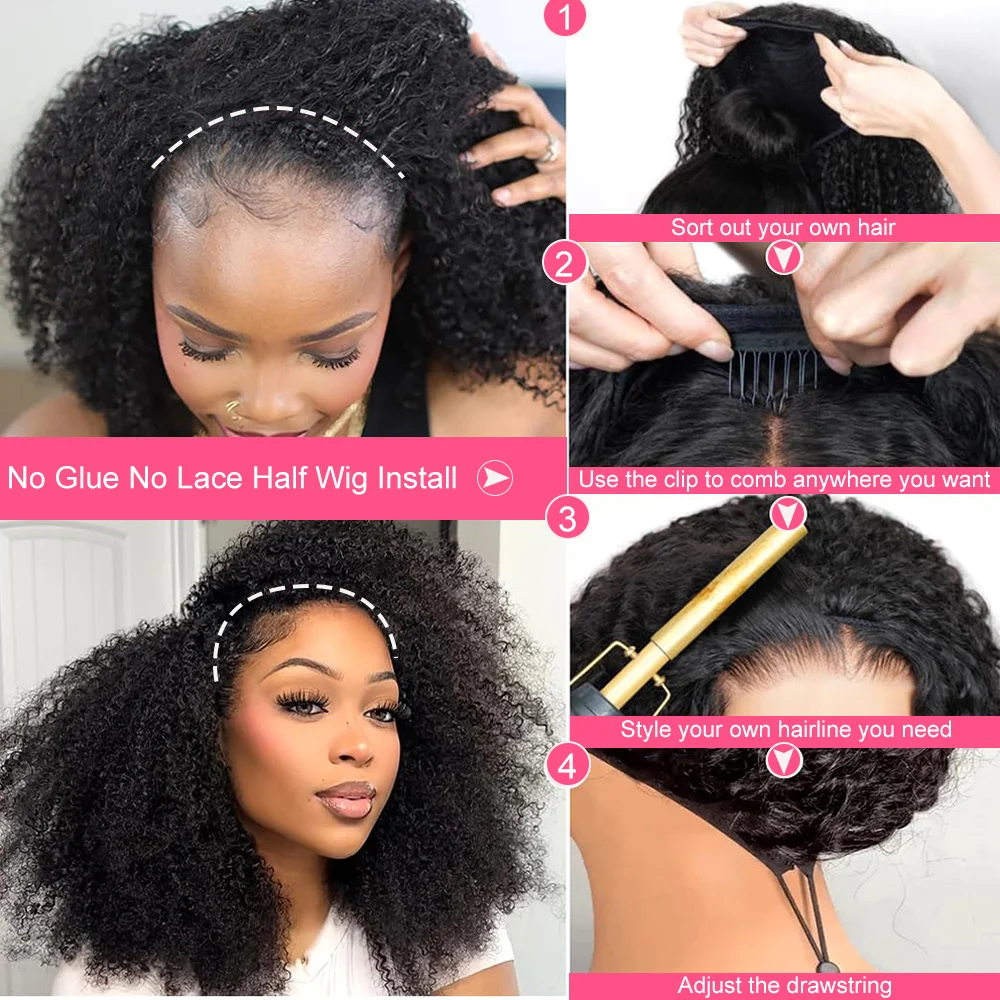 Wig Rambut Asli Keriting Kepadatan 250% Model Half Wig, Dapat Dibalik, Ramah untuk Pemula, untuk Wanita Kulit Hitam