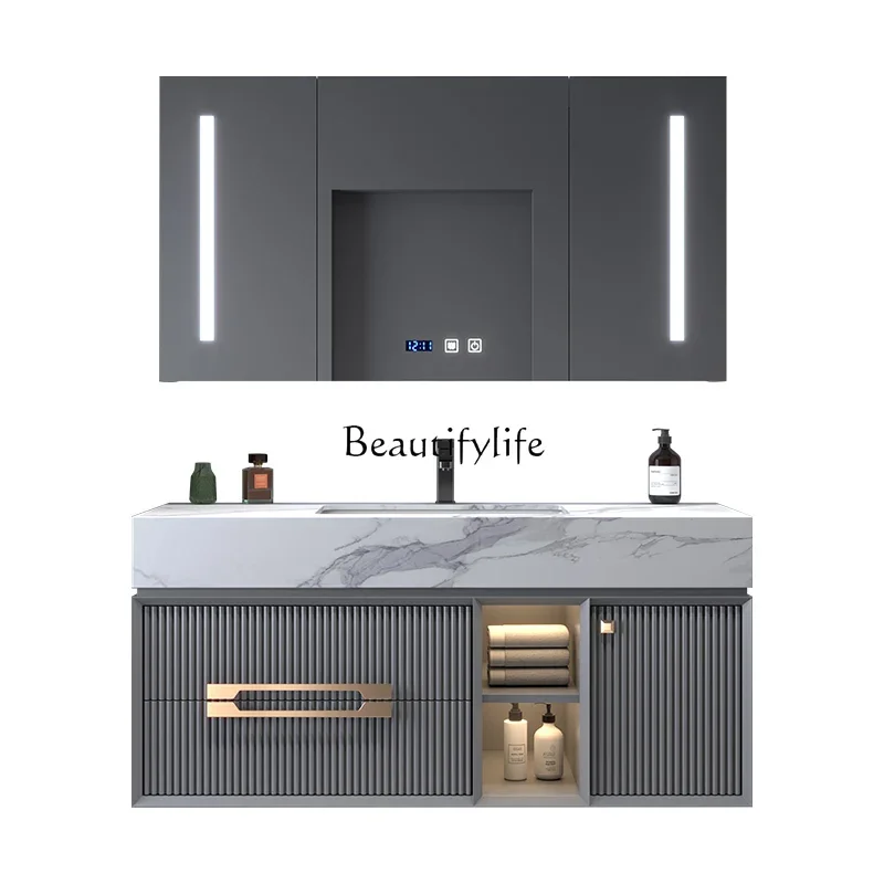 

lStone Plate Bathroom Cabinet Combination Modern Simple and Light Luxury Oak Cabinet Bathroom Wall Type