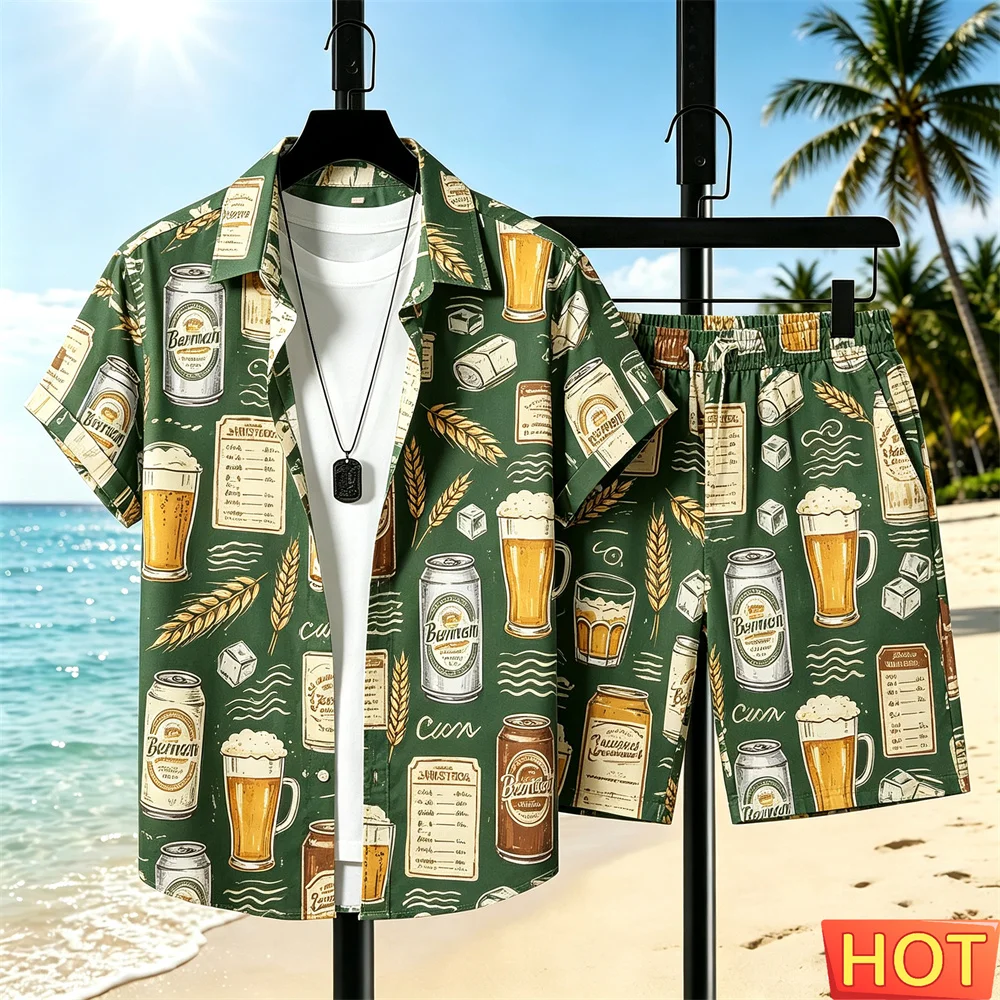Summer men's Casual Two-piece set Hawaiian vacation Men shirt set Beer Party Shirt set 3D shirt+shorts set Men vacation Clothing