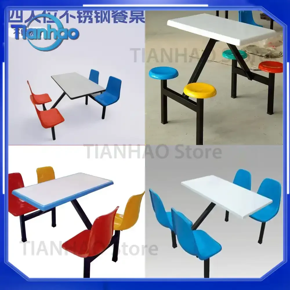 Stainless Steel 4-Person Fixed Dining Table and Chairs for School Cafeteria Fast Food Restaurant Staff Canteen
