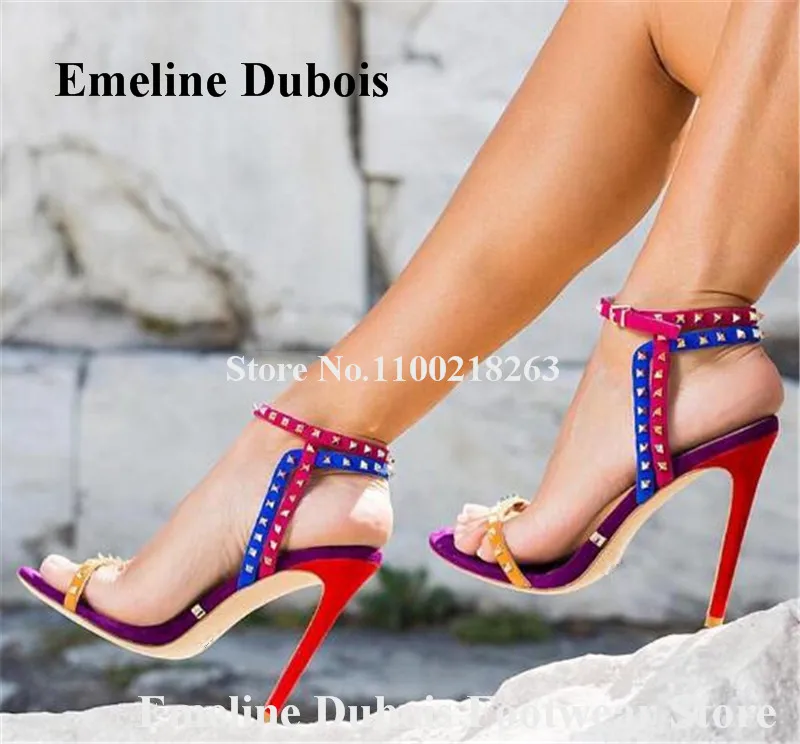 

Multi-colors Straps Rivets Sandals Emeline Dubois Open Toe Patchwork Gold Studs Stiletto Heel Gladiator Sandals Party Heels