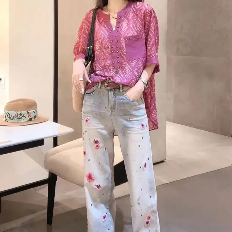 Women\'s Clothing Vintage Printed Shirt Commute Fashion Pockets Spliced Beading Summer Casual Half Open Collar Straight Blouse