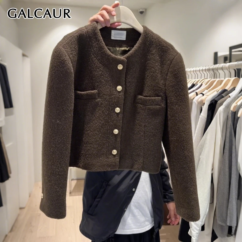 

GALCAUR однотонная однобортная французская куртка женская с круглым вырезом и длинным рукавом для похудения уличная одежда женские куртки осенняя мода