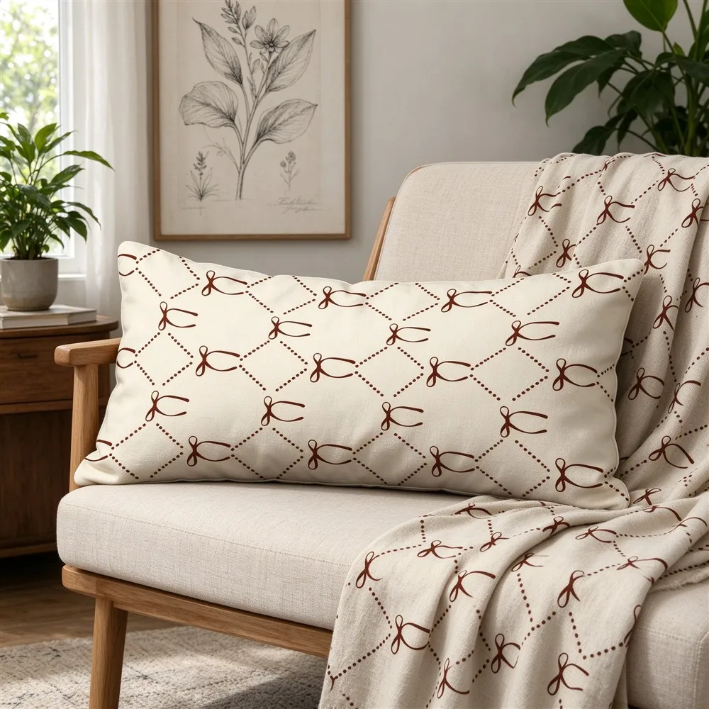 White Brown Botanical Sketch Print Long Pillow Cover, Hand Drawn Style, Sitting Room Decorative, Polyester, Chair Cushion