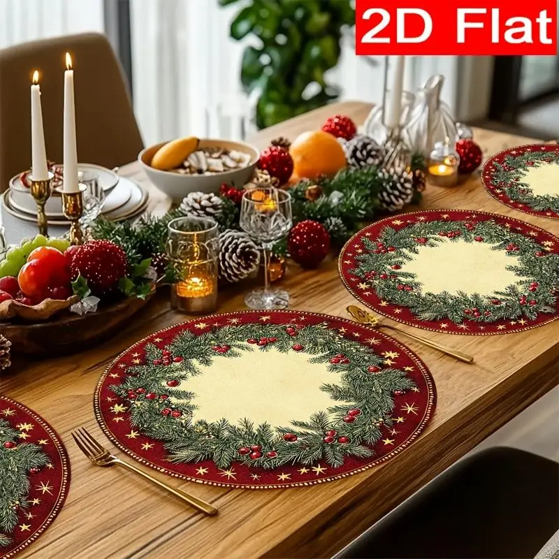 VIKAMA Evergreen Pine Berry Star Round Placemat Crimson Backdrop Conifer Red Fruit Golden Sparkle Border Festive Table Mat Soft