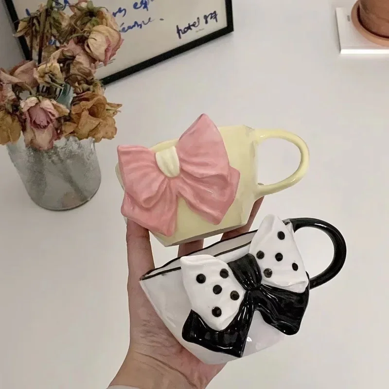 Cute Three-dimensional Bow Mug Korean Hepburn Storm Dot Black and White with Girl Heart Milk Cup Coffee Cup Gift Box