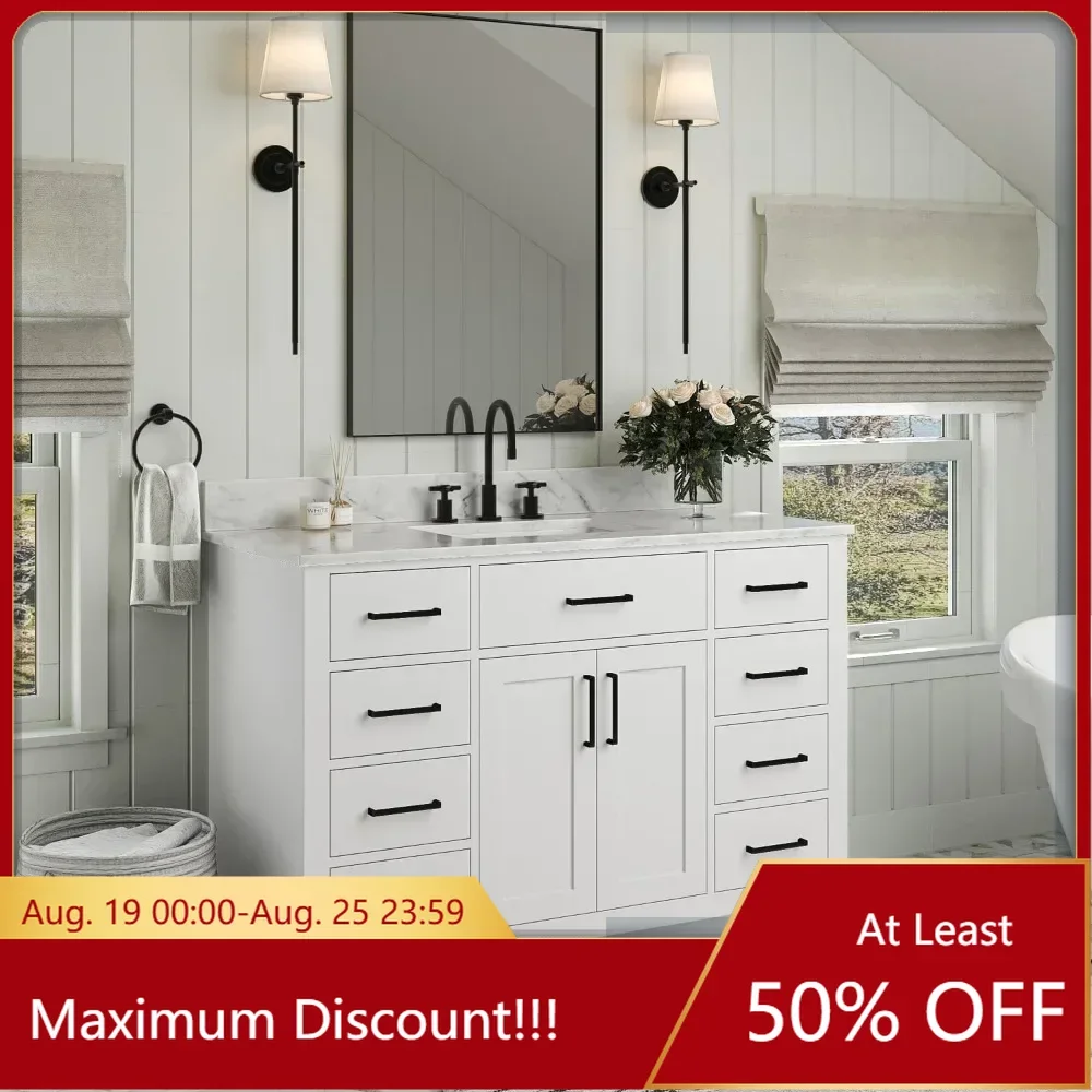 

49 inch bathroom vanity white, 1.5 inch edge quartz countertop, rectangular sink, 2 soft closing doors, 9 fully extended drawers