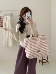 Korean style ins style striped plush bag autumn and winter new shoulder tote bag large capacity tote bag versatile commuter bag