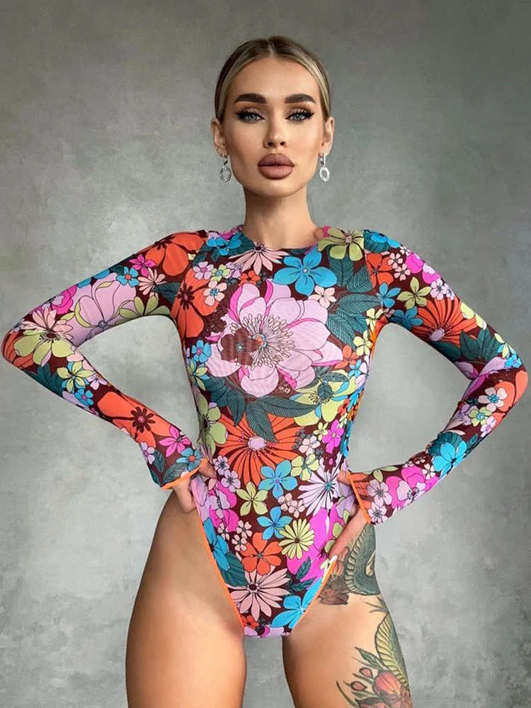 CNYISHE Flower Print Sexy Club Women Bodysuits Long Sleeve Fashion Jumpsuits O Neck Streetwear Party Sheath Female Rompers Tops