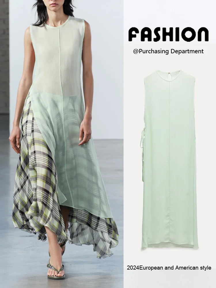 新しい夏の女性のラウンドネックノースリーブドレープオープンデザインロングシャツスタイルトップエレガントカジュアルファッションレディースドレス