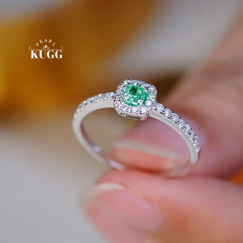 

KUGG 100% 18K White Gold Rings Fashion INS Style Real Natural Green Diamond Engagement Ring for Women High Wedding Jewelry