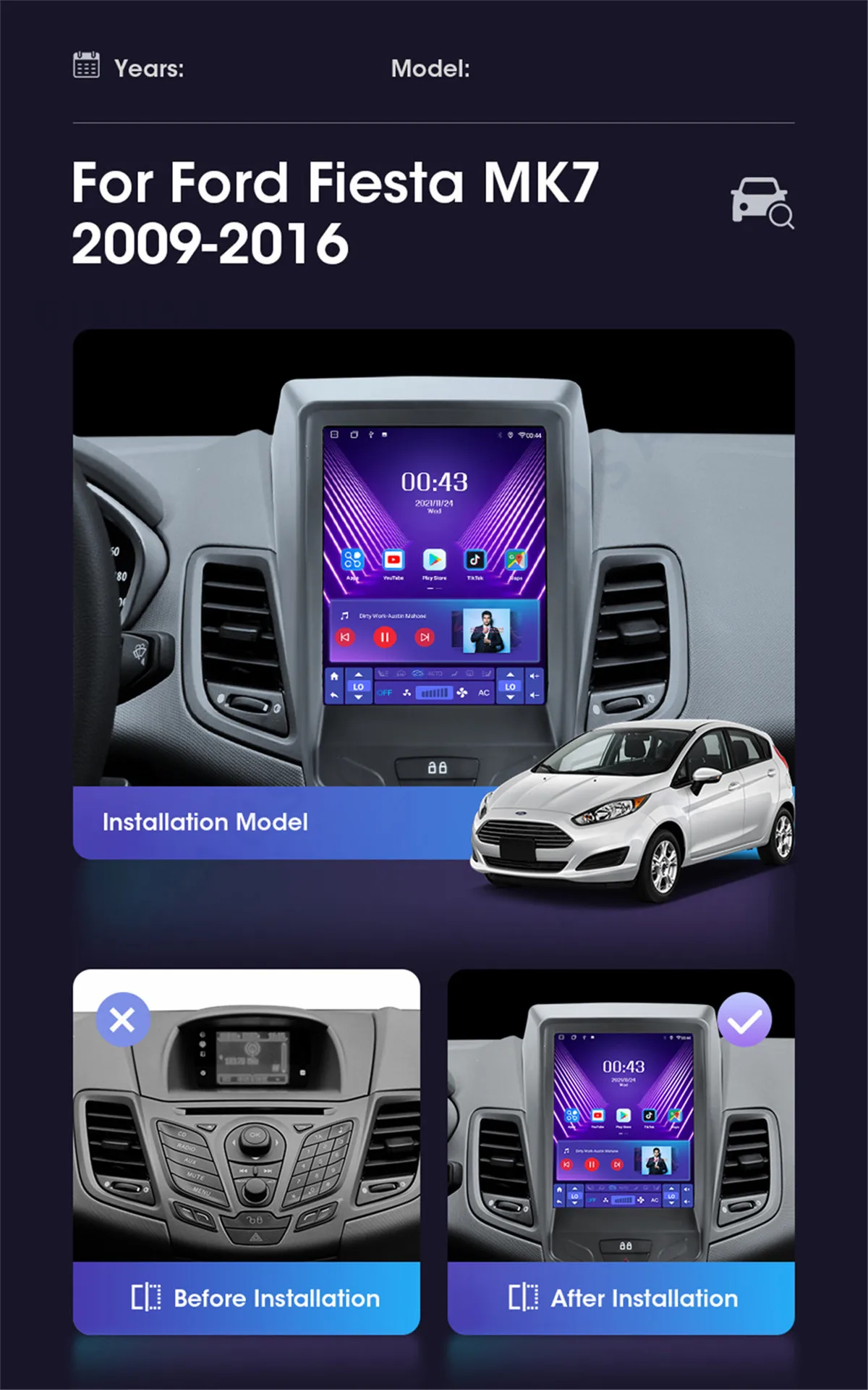 Car Radio For Ford Fiesta  2009 - 2016 Tesla Style Screen Multimedia Player Car Play Intelligent System Android 13 Auto Audio