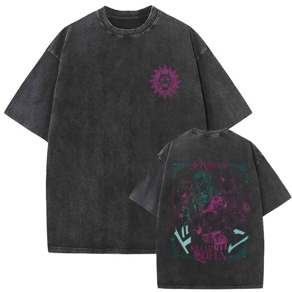 

Limited Anime Jojo's Bizarre Adventure Kira Killer Queen Washed Vintage T-shirt Men Women Manga Casual Cotton T Shirt Streetwear