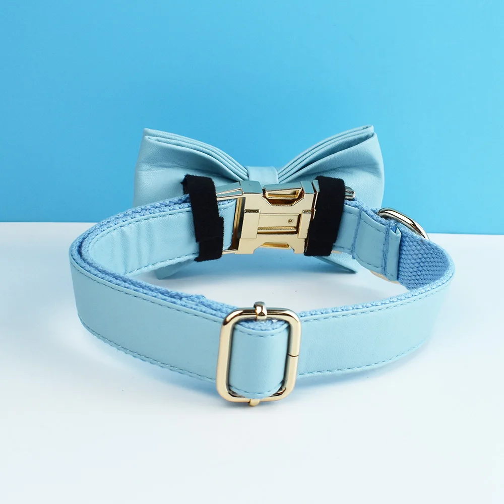 Blue PU Leather Dog Collar And Leash Set For Dogs Custom Engraved Nameplate Pet Supplies Dog Leash PU06