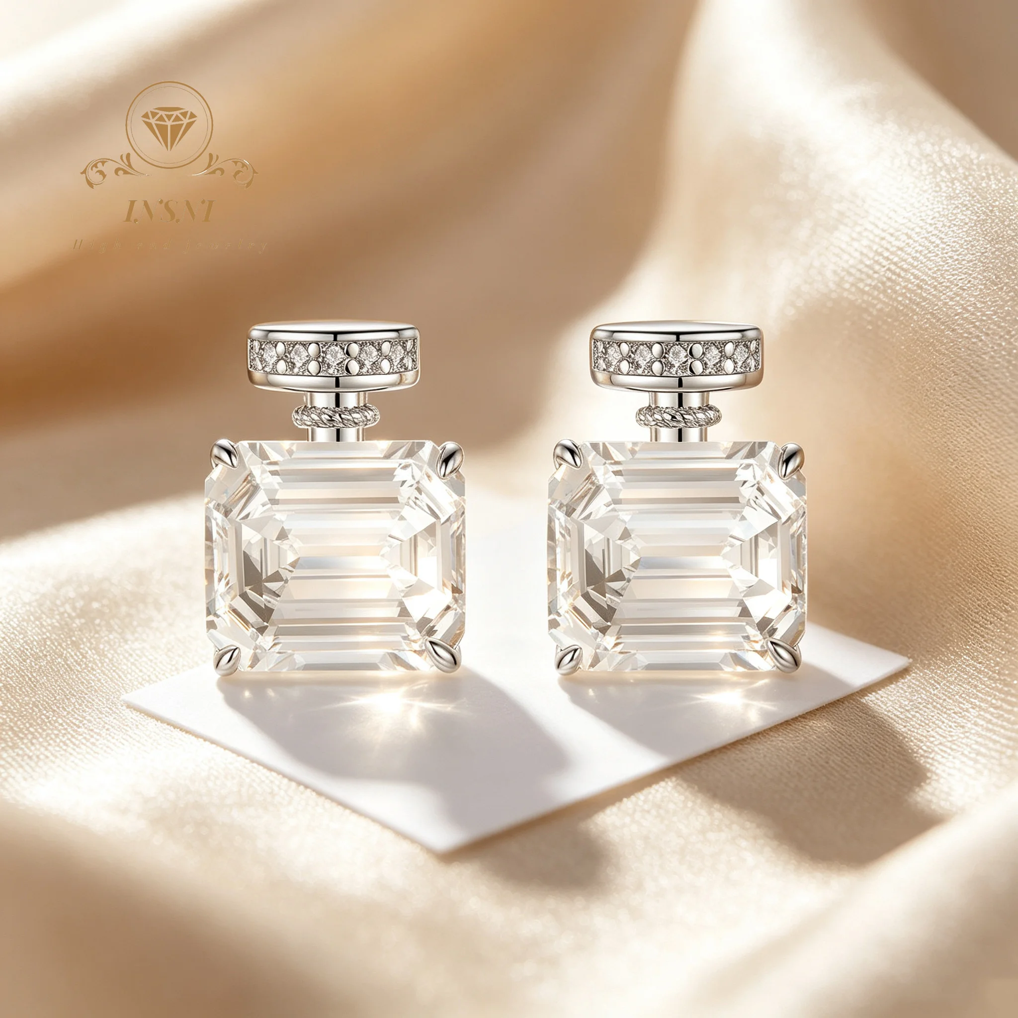 Perfume Bottle S925 Sterling Silver Stud Earrings Female Emerald Cut Rectangular Rock Sugar Ear Jewelry Affordable Light Luxury