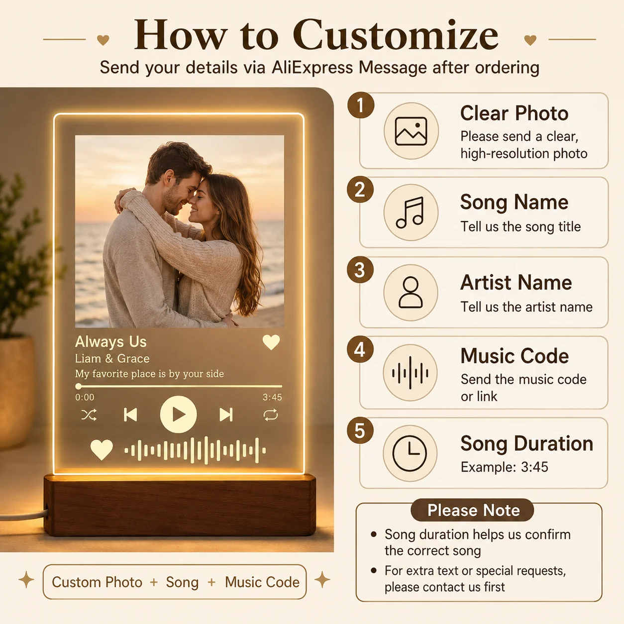 Personalised Acrylic Spotify Music Photo Plaque with LED Night Light Couple Anniversary Birthday Christmas Gifts for Him Her