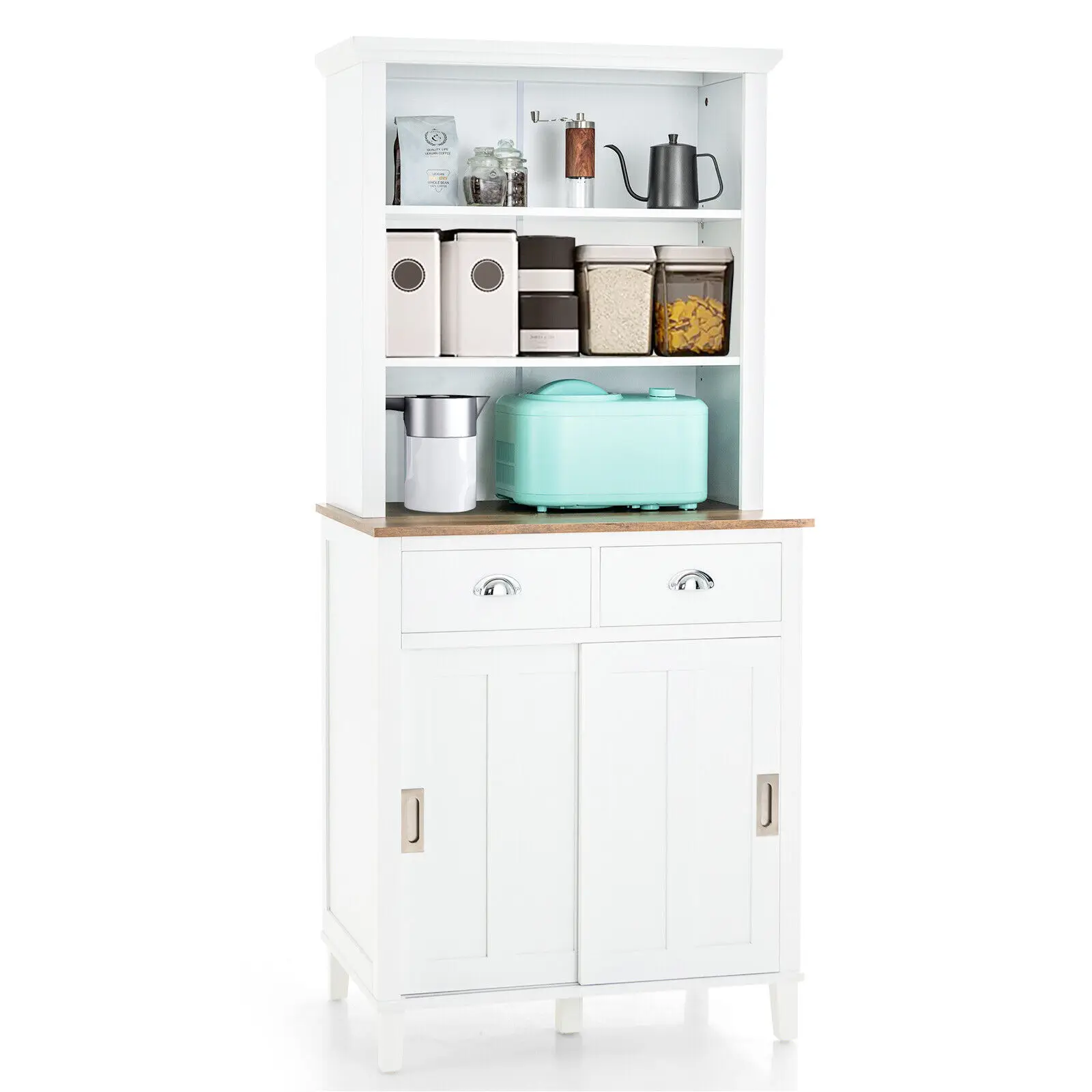 Costway Freestanding Kitchen Pantry Storage Cabinet Buffet w/Hutch Sliding Door & Drawer