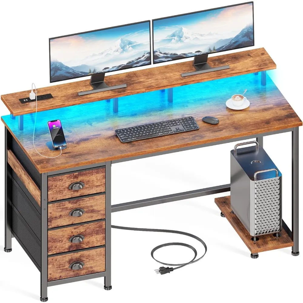 

47" Computer Gaming Desk with Monitor Stand, 4 Fabric Drawers & Power Outlets - LED Lights, Space-Saving Study Table for Home O