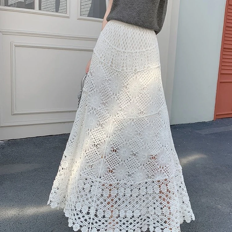 Holiday Style Lace Crocheted Skirt 2025 Summer Beach French Openwork Women's Long Skirt
