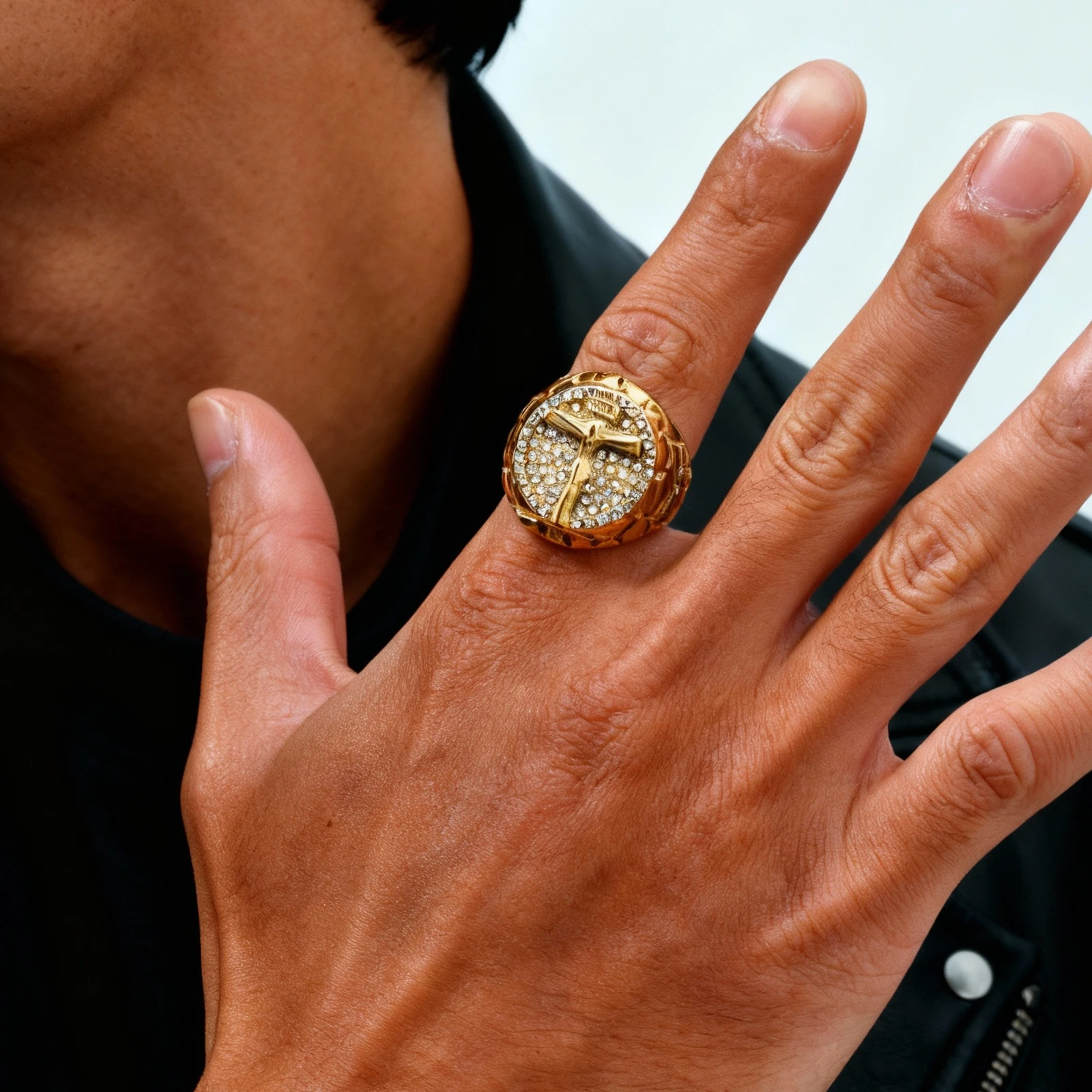 Gold Color Crucifix Jesus Cross Rings for Men,Hip Hop Stainless Steel Signet Ring with Full Rhinestone,Rapper Party Jewelry Gift view 5