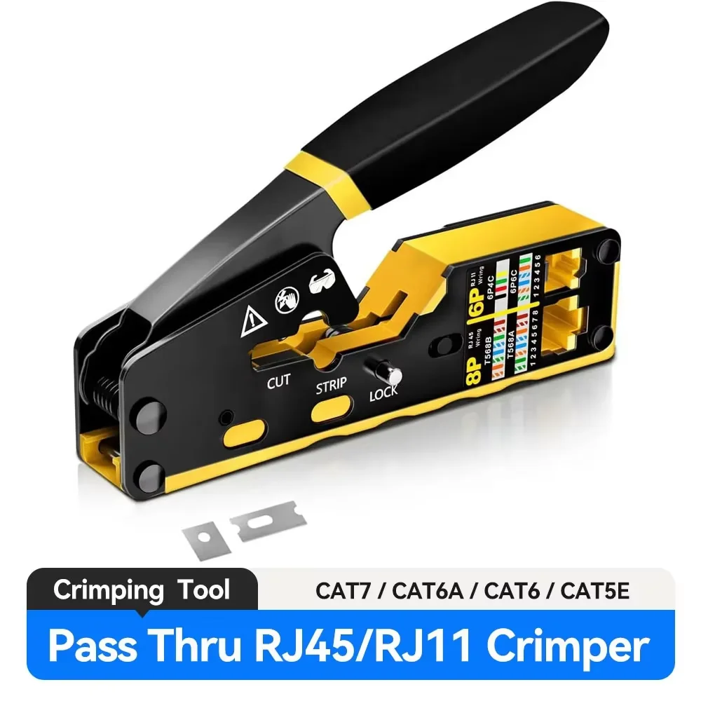 RJ45 Crimp Tool Pass Through Ethernet Crimping Tool for Cat6 Cat5 Cat5e RJ45 Connectors with Replacement Blade