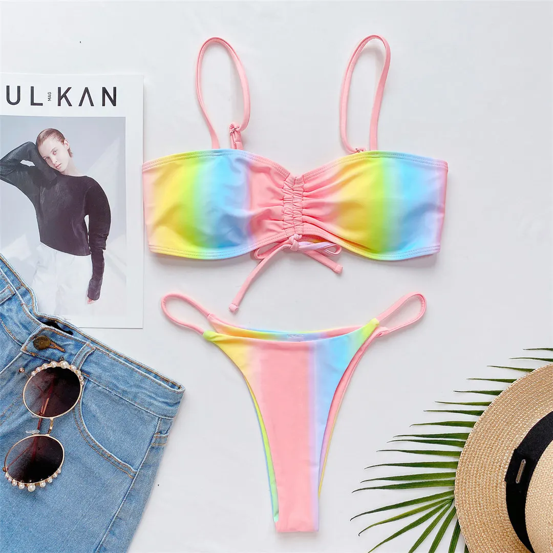 Regenbogenmuster-Micro-String-Bikini mit Schnürung, zweiteiliger Badeanzug für Damen, Badebekleidung, Badeanzug, Damen-Badebekleidung, V3075 – Detail 8