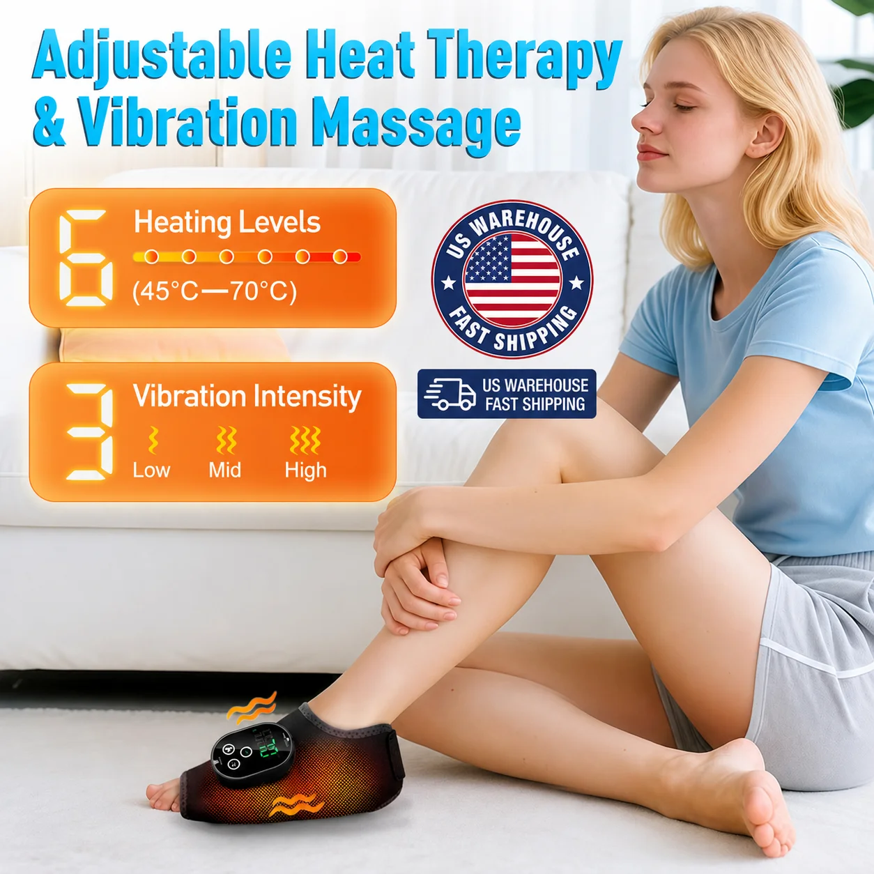 Heated Ankle Massager Black Foot Wrap Dual Motor 3 Speeds 6 Heat Levels Timer Type-C Rechargeable for Foot Calf Arm Home Travel