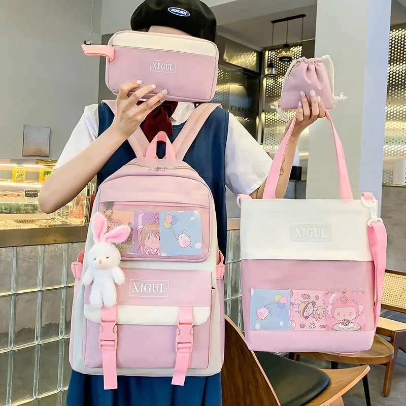 Canvas Student Schoolbag Four Sets Cartoon Handbag Pencil Case Large Capacity Leisure Travel  Shoulder Bag Girls Kawaii Backpack