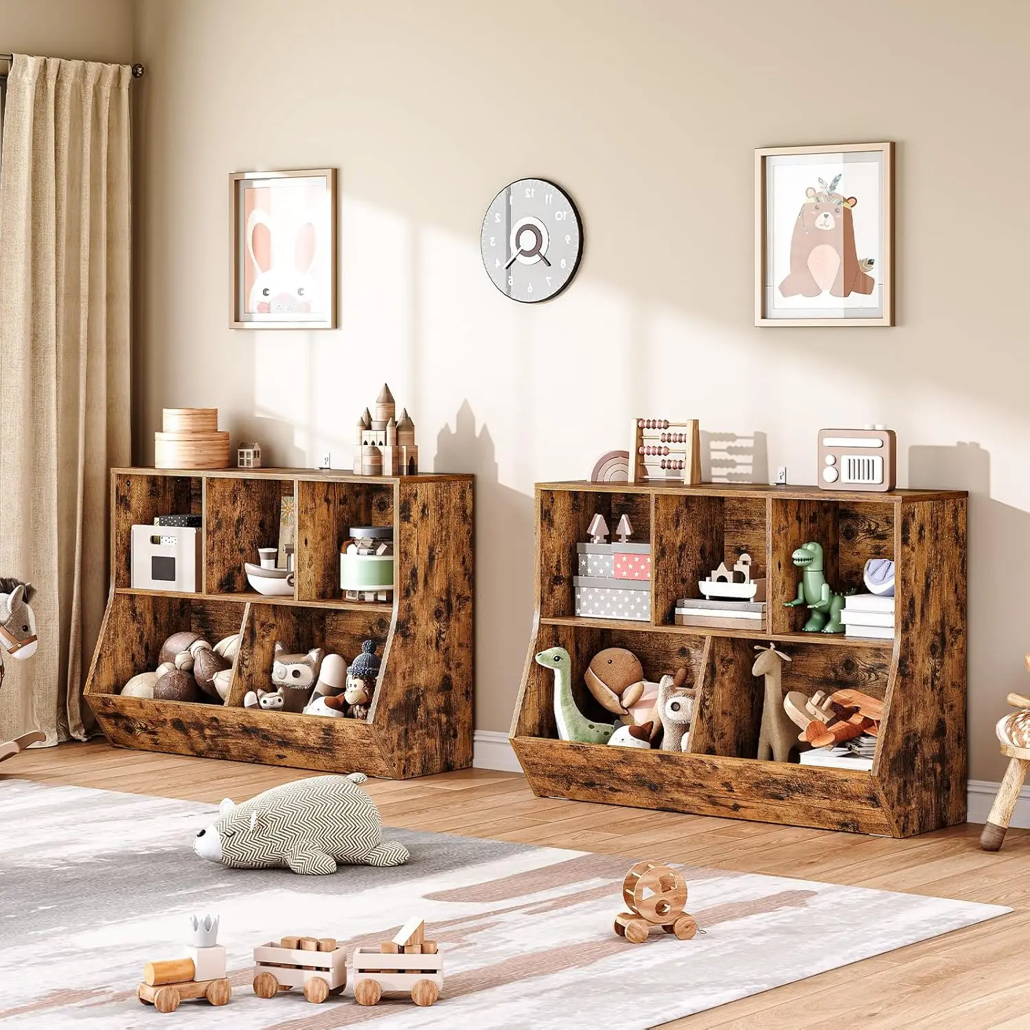 Kids Bookshelf with Toy Storage, 3 Open Compartments & 2 Tiltable Bins, Rustic Brown, Easy Assembly