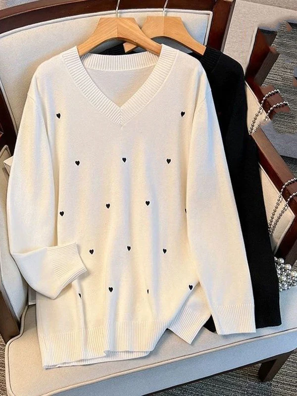 

Женский вязаный свитер больших размеров V-Ne Long Sve Sweet Sle, дизайн, осень-зима, повседневная модная корейская версия с вышивкой