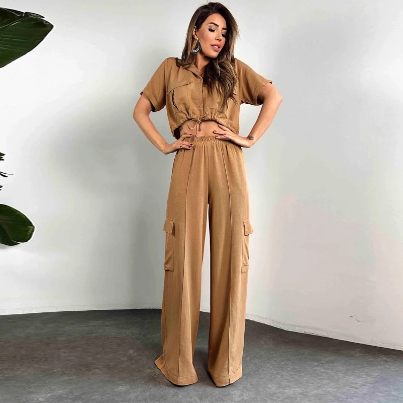 

Oversized Cargo Sweatpants Two Piece Outfits for Women Summer Black Short Sleeve Crop Tops and Long Wide Leg Pants Tracksuit