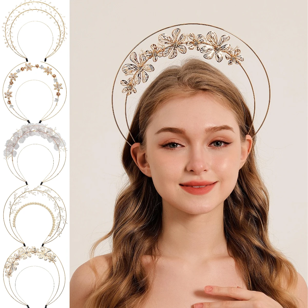 

Miallo New Fashion Madonna Halo Crown Lolita Goddess Handmade Pearl Tiara Bridal Crown Birthday Party Hair Accessories