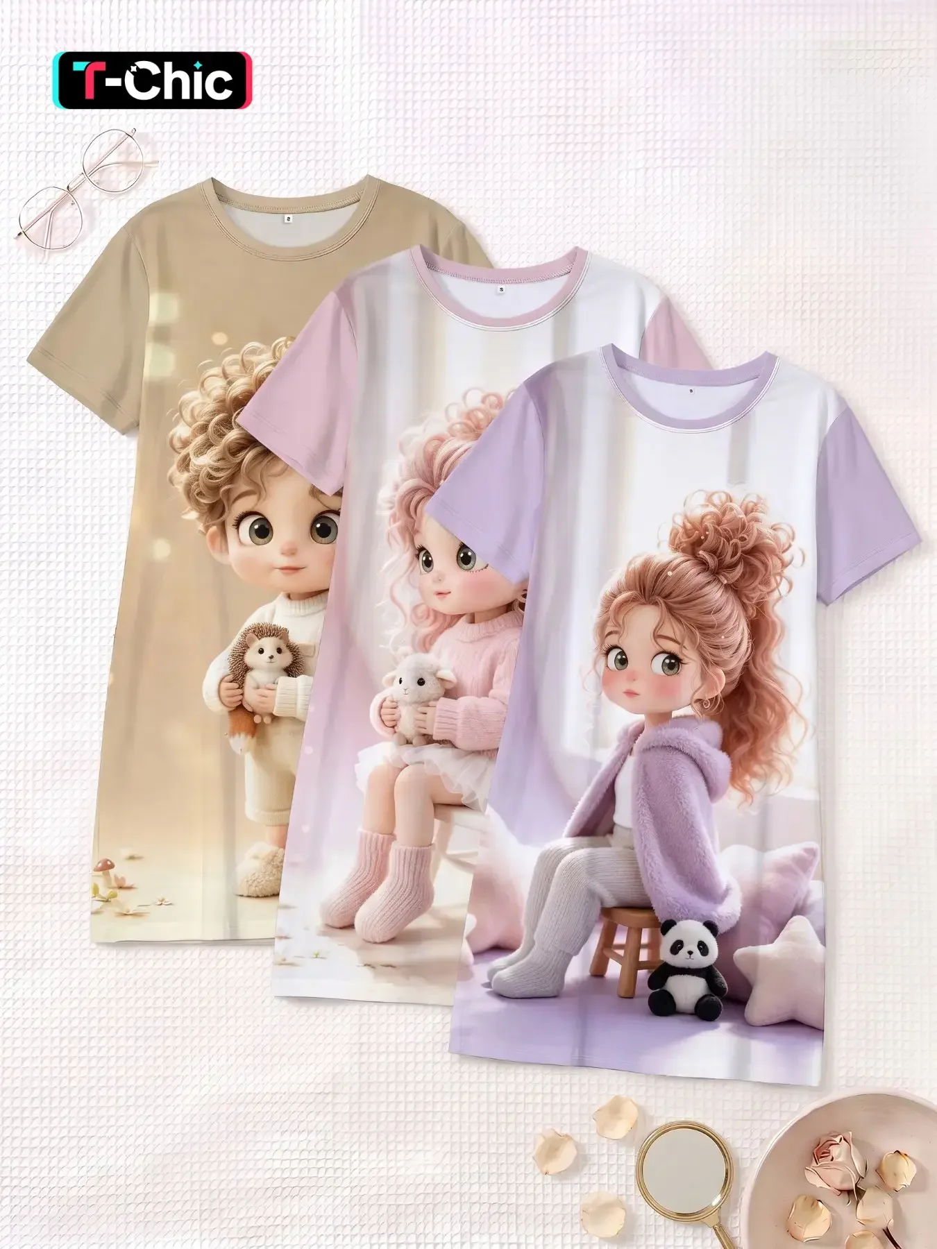 3-Pack 3-Pack Cute Cartoon Girl Print Nightdresses, Round Neck Short Sleeve, Breathable Slim-Fit Sleepwear for Spring Summer - Aliexpress Deal