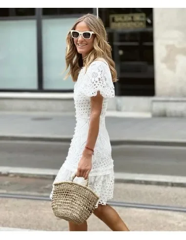 Dress Women Lace Slim Fits Solid Mini Package Hip Short Sleeve Bodycon Dress V-neck Summer French Style Sheath Dress