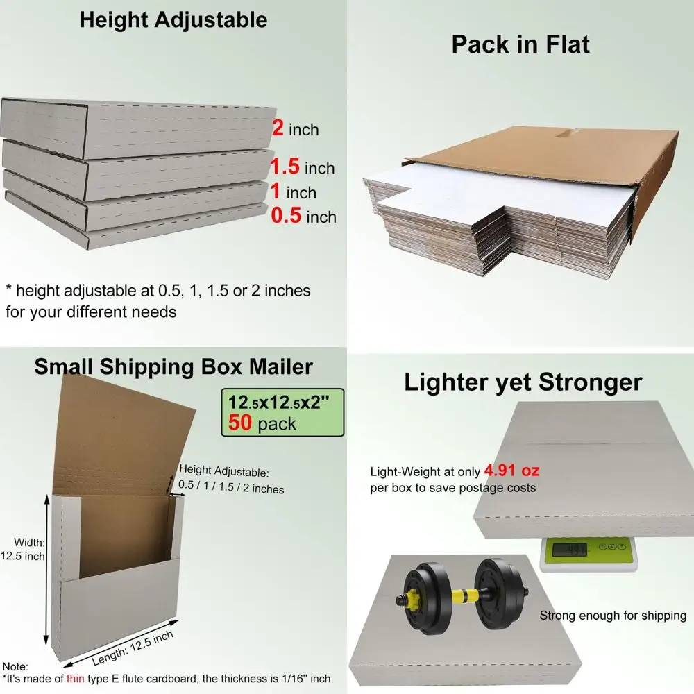 

50-Pack 12 Vinyl Record Shipping Mailers, Adjustable Height, 12.5x12.5x2 Corrugated Cardboard Sleeves