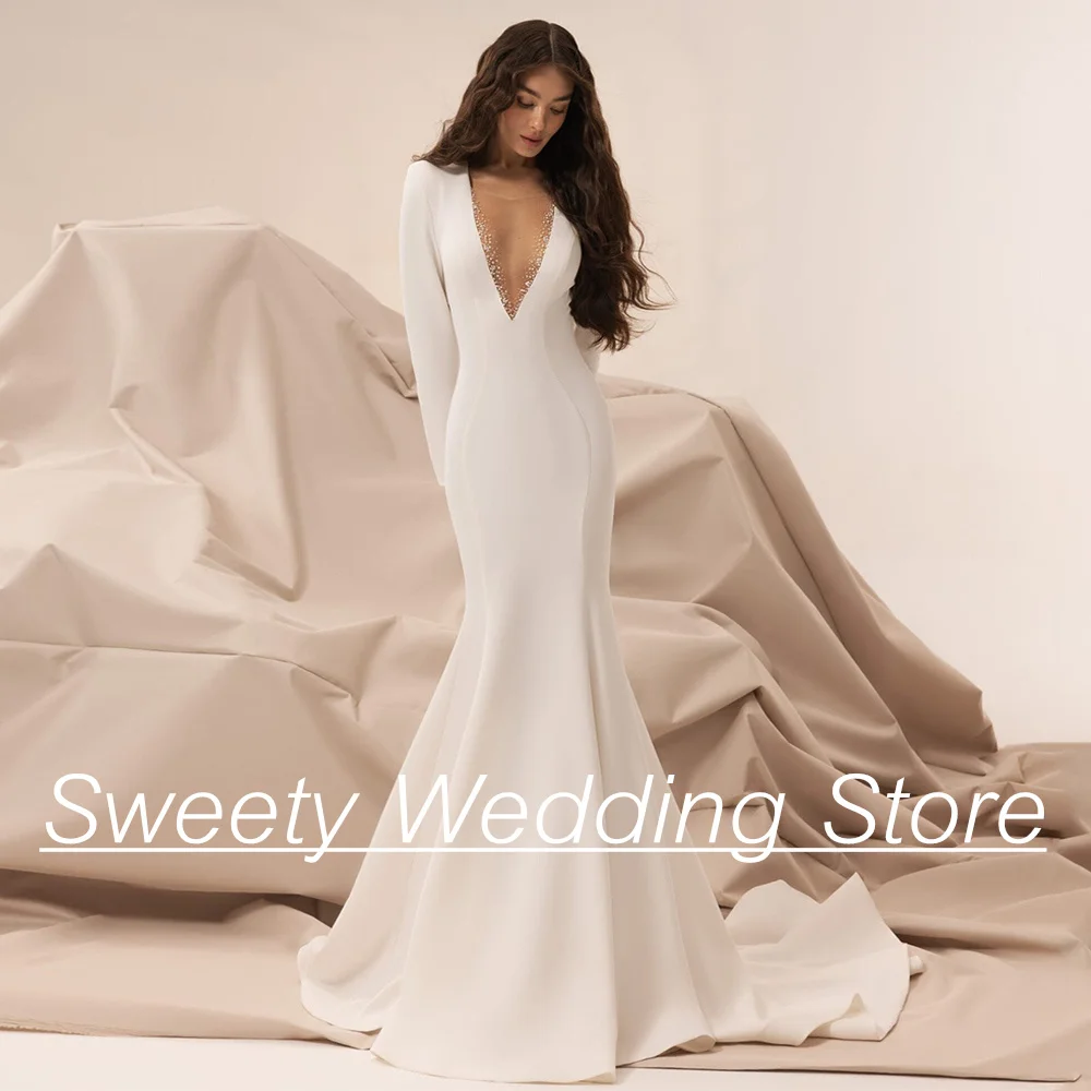 

Sexy Deep V Neck Mermaid Wedding Dress Custom Size Full Sleeves Beading Sweep Train Tumpet Bridal Gown Robe De Mariee